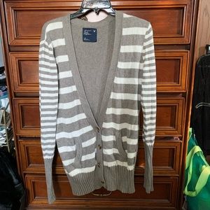 American Eagle Gray and White Striped Cardigan